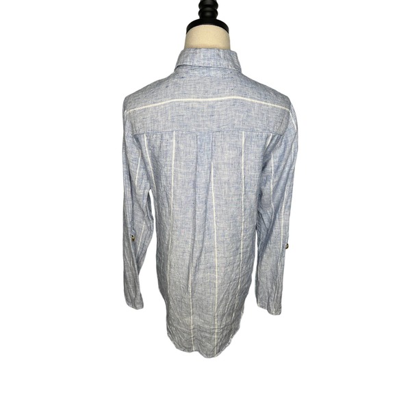Ellen Tracy S Long Sleeve 100% LINEN Button Up Shirt Blouse Blue White - Picture 3 of 5